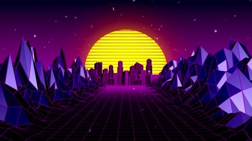 Retro Synthwave Grid Landscape Digital City with Neon Sunset