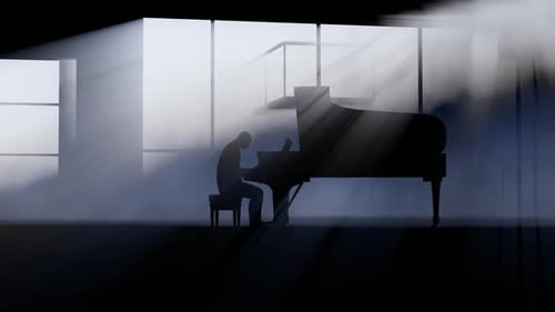 Silhouette Pianist Playing Grand Piano with Atmospheric Light Rays