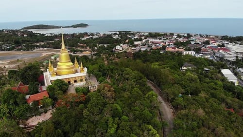 Classic Buddhist Temple Between Forest. From Above Drone View Buddhist Monastery Between Green Trees