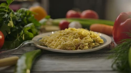 Noodles with Vegetables on Table