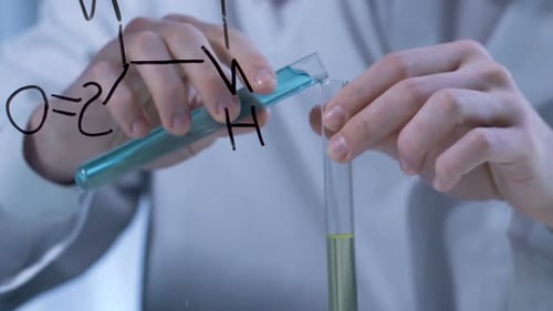 Chimiste mélangeant divers réactifs guidés par une formule écrite, Inventions chimiques