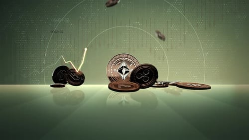 Digital Cryptocurrency Coins Falling with Market Data Background