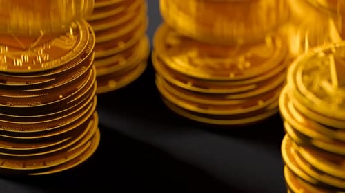 Rising stacks of golden Ethereum ETH. Wealth, cryptocurrency, virtual money.