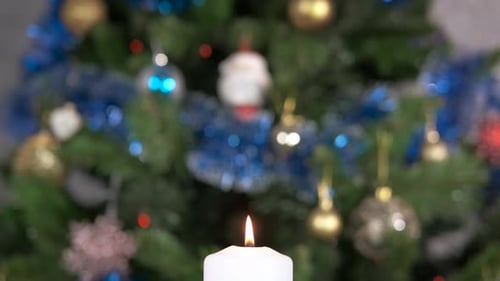 Christmas Candle with Defocused Christmas Tree Background