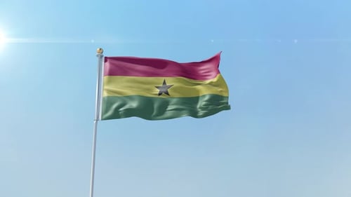 Realistic Waving Ghana Flag on Pole Against Blue Sky