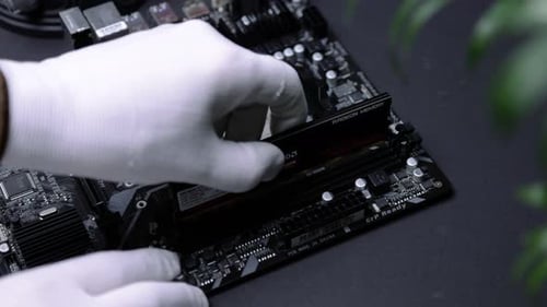 RAM on the motherboard with the processor CPU. assembling a computer