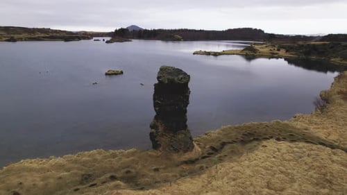 Drone Shot of a Stone Structure Surrounded By Brown Grass and Mossy Lake