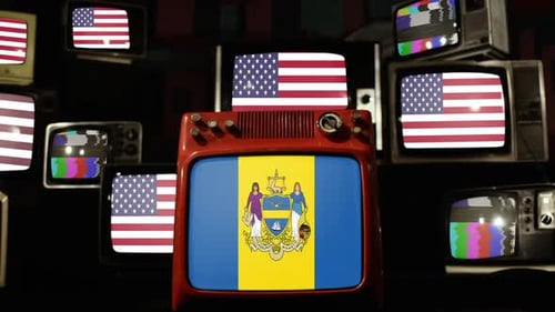 Retro Televisions Displaying Flags and Static