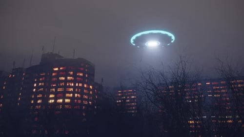 3d UFO bei Nacht über der Stadt