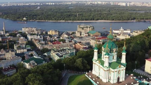 Aerial View Shot of St. Andrew's Church Kyiv, Ukraine.