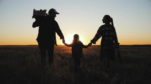 Silhouette Family Walking Through Field at Sunset