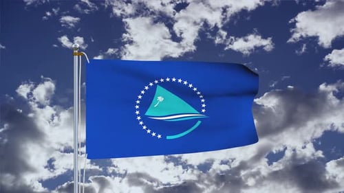 Blue Flag with Island and Star Emblem Waving in Cloudy Sky