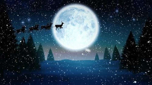 Videokomposition mit fallendem Schnee über Animation des Weihnachtsmanns im Schlitten in Winterlandschaft