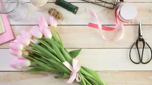 Charming Arrangement of Pink Tulips with Ribbon