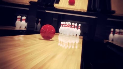 Dynamic animation of striking all the bowling pins. Focused on bowling ball. HD