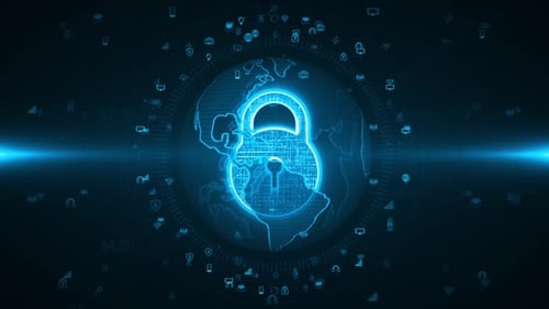 Global Digital Security Network with Glowing Padlock and Technology Icons