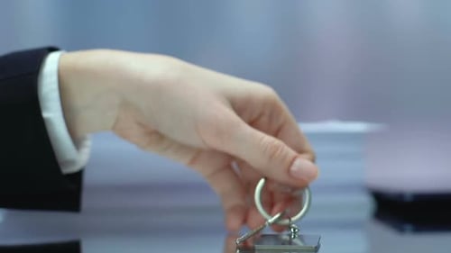 Success Word on Keychain, Business Woman Taking Key, Motivation Courses, Chance