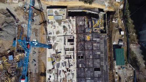 Crane Works On Building Construction Aerial