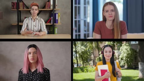 Diverse Mixed Race People Look at Web Camera Listen Webinar Lecture Participate Group Conference