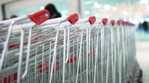 Row of Shopping Trolleys Standing Near Trade Mall Entrance