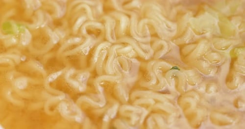 Steaming Ramen Noodles Macro Close-Up Shot
