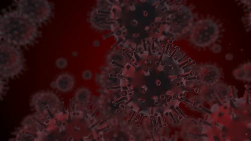 Floating Microscopic Virus Cells in Medical Red Background