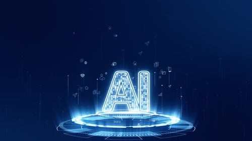 Blaues digitales KI-Logo mit futuristischer Technologie Kreisrotation auf abstraktem Hintergrund