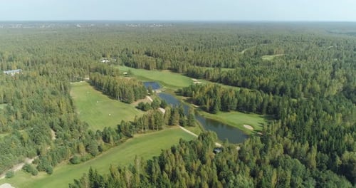 Summer Sunny Day, Aerial View of Golf Course in Forest Area, Golf Club, View of the Field of Green