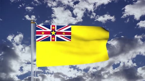 Waving Niue Flag Animation Against Blue Sky