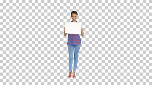Attractive Woman shows blank white poster, Alpha Channel