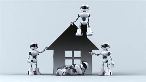 Robots next to a house