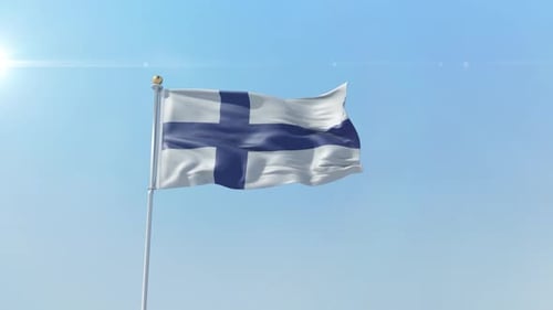 Realistic Finland Flag Waving Under Blue Sky