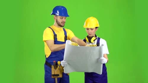 Two Architects Discuss the Drawing of the New Building, Green Screen