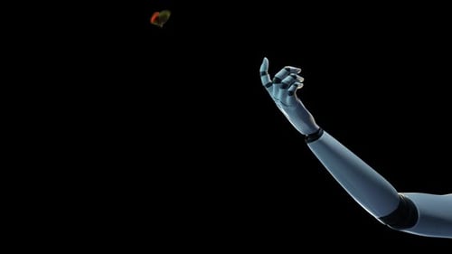 Futuristic Robotic Arm and Butterfly Interaction on Black Background