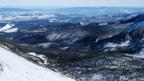 Panorama of the Large Ski Run in the Winter Mountains People are Skiing in the Mountains 60p