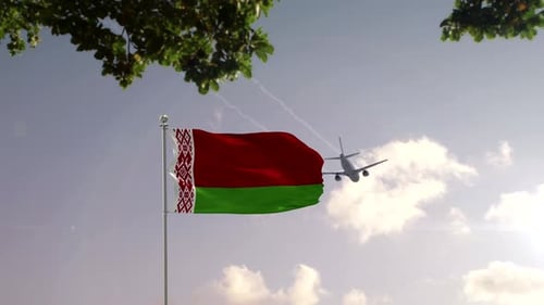 Waving Belarus Flag with Airplane Flyover and City Reveal