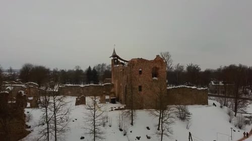 Ruins of Ancient Livonian Order's Stone Medieval Castle Latvia Aerial Drone Top Shot