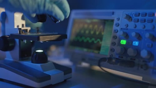 Close Up of a Optical Scientific Microscope in Laboratory