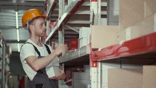 Worker in Helmet Is Checking Materials at the Factory