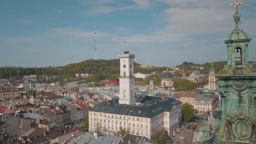Aerial City Lviv, Ukraine. European City. Popular Areas of the City. Town Hall