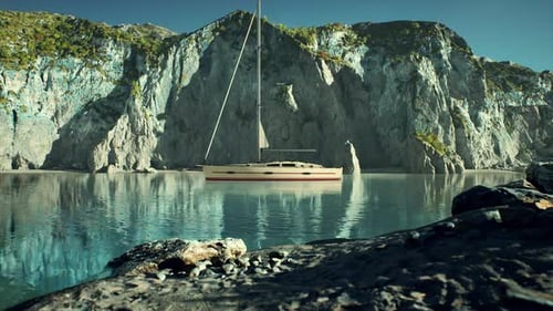White Yacht Anchored in a Bay with Rocky Cliffs