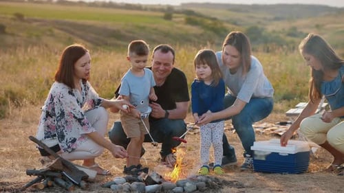 Family Campfire Picnic at Sunset in a Rural Field