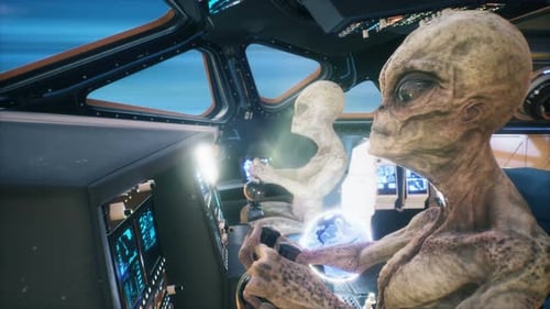 Two Alien Pilots Navigating a Futuristic Spaceship Through Space