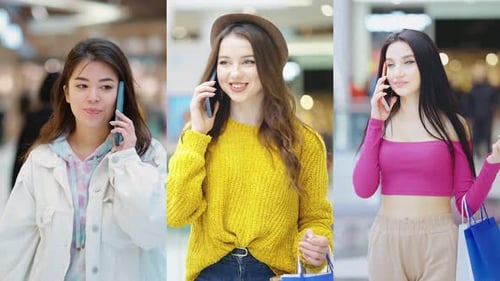 Three Women Talking on Phones in Shopping Mall