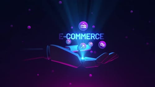 Futuristic E-Commerce Concept with Robotic Hand and Digital Icons