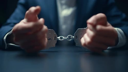 Arrested Criminal Businessman in Handcuffs in the Interrogation Room