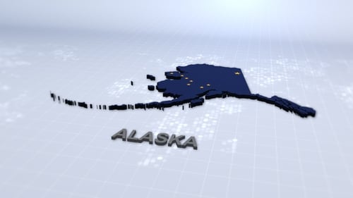 3D Map of Alaska with Flag and Digital Grid Background