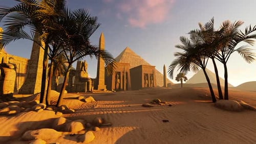 Ancient Egyptian Desert Landscape with Pyramids and Palm Trees at Sunrise