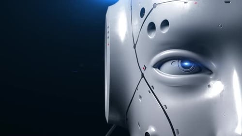 The robot looks close-up at the viewer watching what is happening