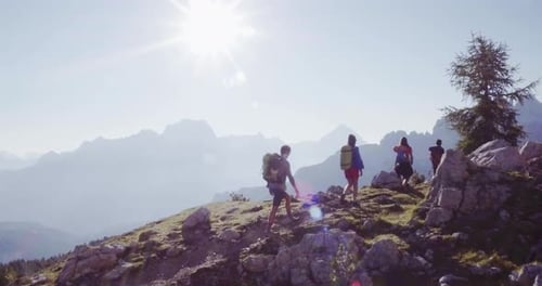 Aerial Flight Above People Hiking Along Trail Path in Sunny Day